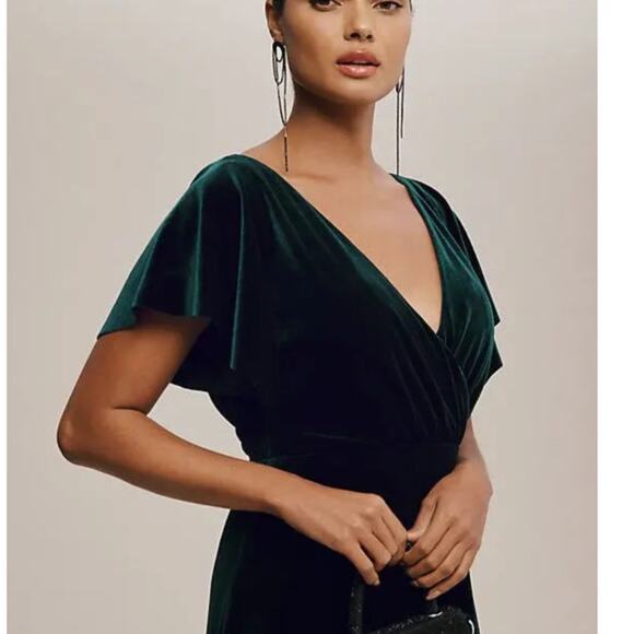 JENNY YOO BHLDN Ellis Flutter-Sleeve OpenBack Velvet Gown 6 Emerald Green Dress - Picture 8 of 14
